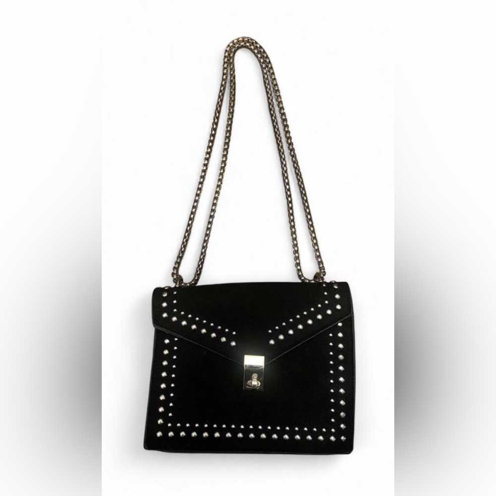 Black Studded Flap Crossbody Bag Chain Strap Silver Hardware
